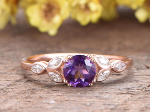 2ct Round Purple Amethyst Engagement Ring Leaf Design Accent 14k Rose Gold Over