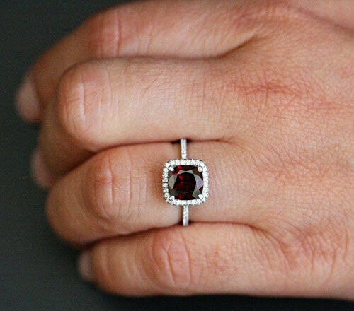 3Ct Cushion Cut Red Ruby Diamond Accent Halo Engagement Ring 14K White Gold Over