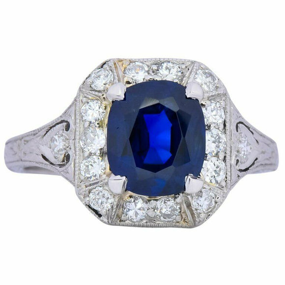 2.8ct Oval Cut Blue Sapphire Engagement Ring Halo Art Deco 14k White Gold Finish