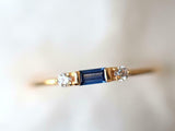 0.6ct Baguette Cut Blue Sapphire Minimalist Trilogy Ring 14k Yellow Gold Finish