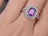 1ct Emerald Cut Amethyst Solitaire Halo Engagement Ring 14k White Gold Finish