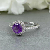 1.5ct Round Purple Amethyst Halo Solitaire Engagement Ring 14k White Gold Finish