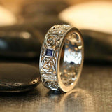 2.1ct Princess Blue Sapphire Wedding Band Vintage Filigree 14k White Gold Finish