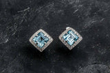 2ct Stud Earrings Asscher Cut Blue Aquamarine Diamond Halo 14k White Gold Finish