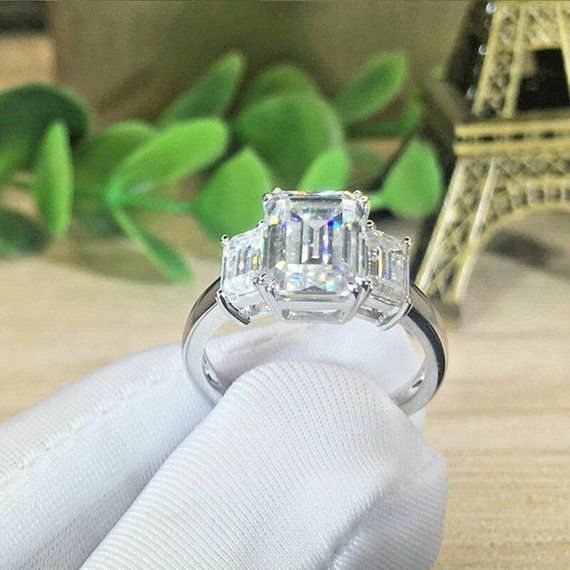 3ct Emerald Cut Diamond Trilogy Solitaire Engagement Ring 14k White Gold Finish