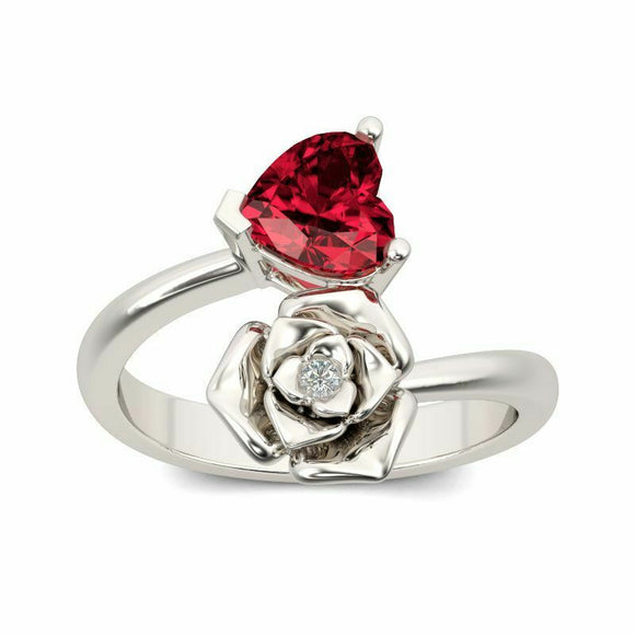 1Ct Heart Cut Ruby Diamond Floral Bypass Engagement Ring 14K White Gold Finish