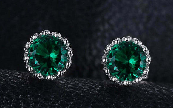 2ct Stud Earrings Round Cut Green Emerald Stylish Solitaire 14k WhiteGold Finish