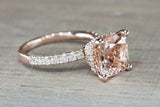 2ct Cushion Cut Peach Morganite Engagement Ring 14k Rose Gold Finish Hidden Halo