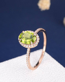 2ct Oval Cut Green Peridot Engagement Ring Halo Diamond Accent 14k RoseGold Over