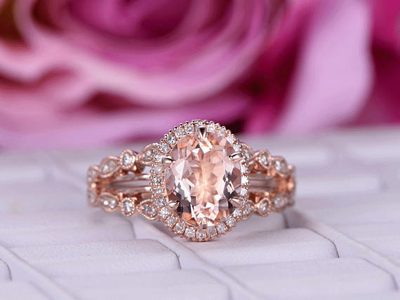 2.8ct Oval Morganite Engagement Ring Diamond Halo Stackable 14k Rose Gold Finish