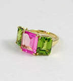 4Ct Emerald Cut Pink Sapphire Peridot Three Stone Ring 14K Yellow Gold Finish