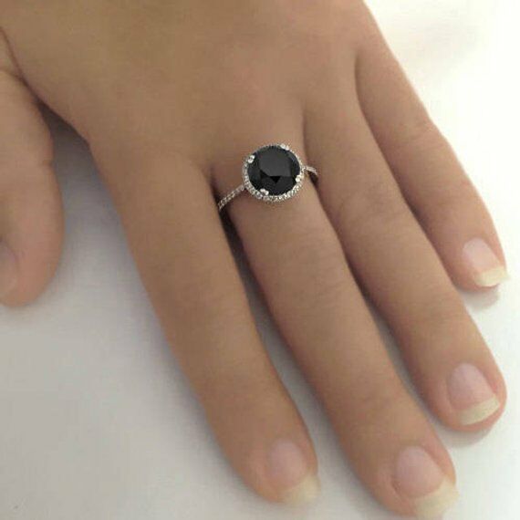 2ct Round Cut Black Diamond Halo Solitaire Engagement Ring 14k White Gold Finish