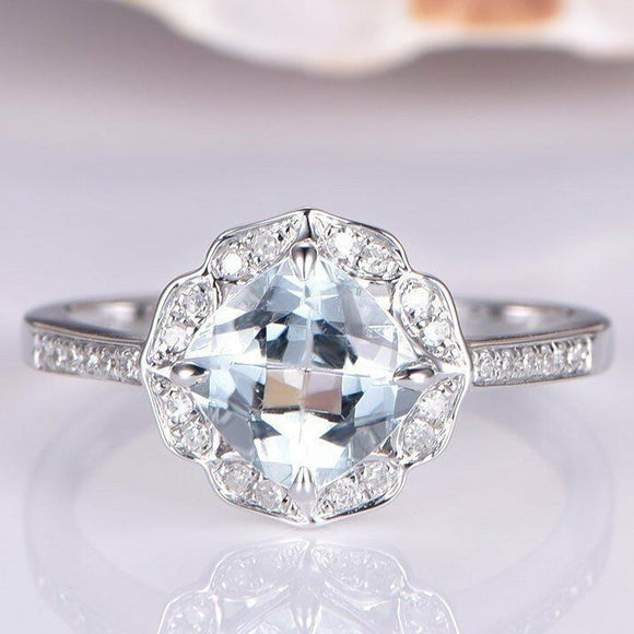 1.6ct Cushion Blue Aquamarine Vintage Floral Engagement Ring 14k White Gold Over