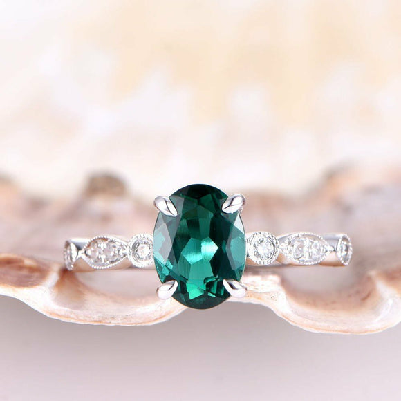 1ct Oval Cut Green Emerald Solitaire Engagement Ring 14k White Gold Finish