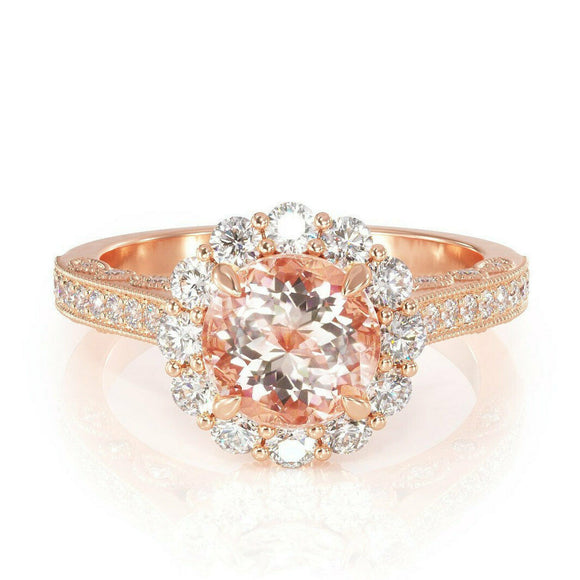 4Ct Round Cut Peach Morganite Floral Halo Engagement Ring 14K Rose Gold Finish