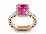 2.5ct Emerald Pink Sapphire Halo Solitaire with Accent Ring 14k Rose Gold Finish