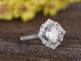 1.3ct Cushion Cut Diamond Engagement Ring 14k White Gold Finish Art Deco Flower