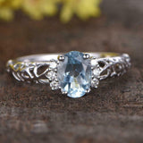 2ct Oval Cut Blue Aquamarine Solitaire Filigree Accent Ring 14k WhiteGold Finish