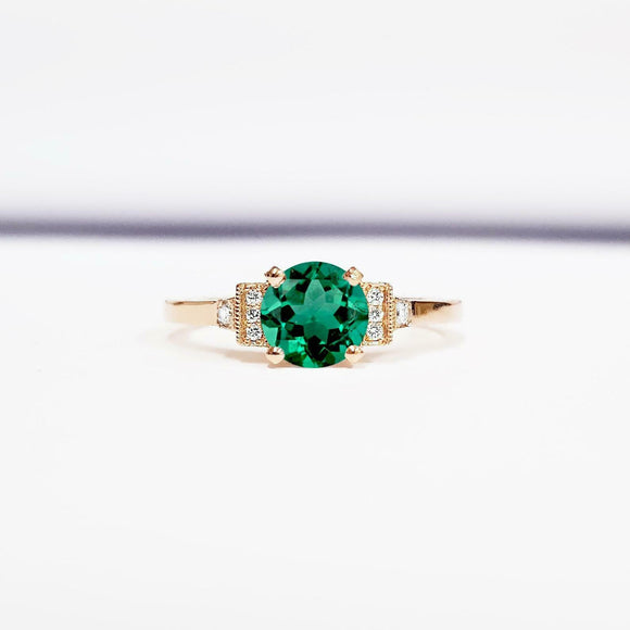 1ct Round Cut Green Emerald Solitaire with Accent Antique Ring 14k RoseGold Over