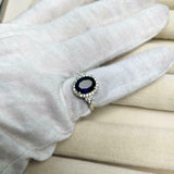 2ct Engagement Ring Oval Cut Blue Sapphire Round Accent Halo 14k White Gold Over