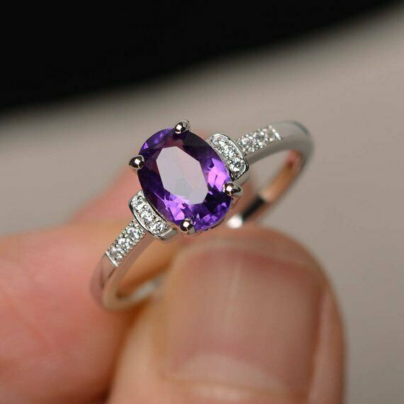 1ct Oval Cut Purple Amethyst Engagement Ring 14k WhiteGold Over Accent Solitaire