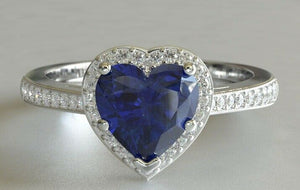 2ct Heart Cut Blue Sapphire Engagement Ring Halo Solitaire 14k White Gold Finish