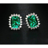 2ct Cushion Simulated Emerald Cluster Halo Stud Earrings 14k White Gold Plated