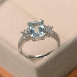 2.2ct Emerald Cut Blue Aquamarine Engagement Ring 5 Stone 14k White Gold Finish