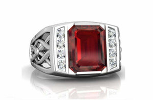 3ct Emerald Red Garnet Diamond Men Stylish Engagement Ring 14k White Gold Finish