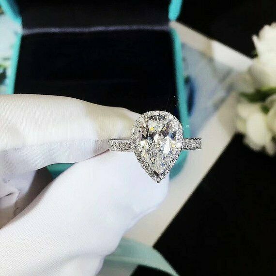 2.7ct Pear Cut VVS1 Diamond Halo Solitaire Engagement Ring 14k White Gold Finish