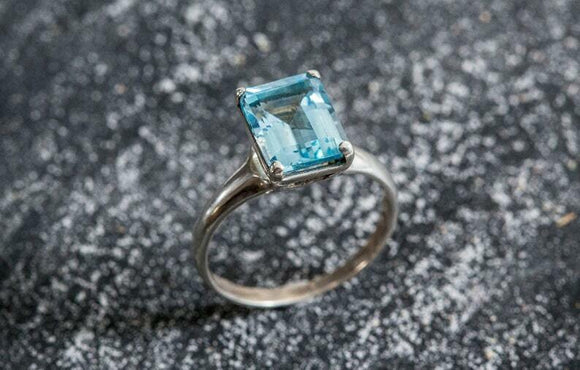 1.5ct Engagement Ring Emerald Cut Blue Aquamarine Solitaire 14k WhiteGold Finish