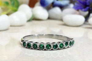 1.2ct Wedding Band Round Green Emerald Milgrain Stackable 14k White Gold Finish