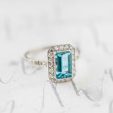 2ct Emerald Cut Blue Aquamarine Engagement Ring Diamond Halo 14k White Gold Over