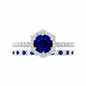 2.5ct Round Cut Blue Sapphire Bridal Set Engagement Ring 14k White Gold Finish