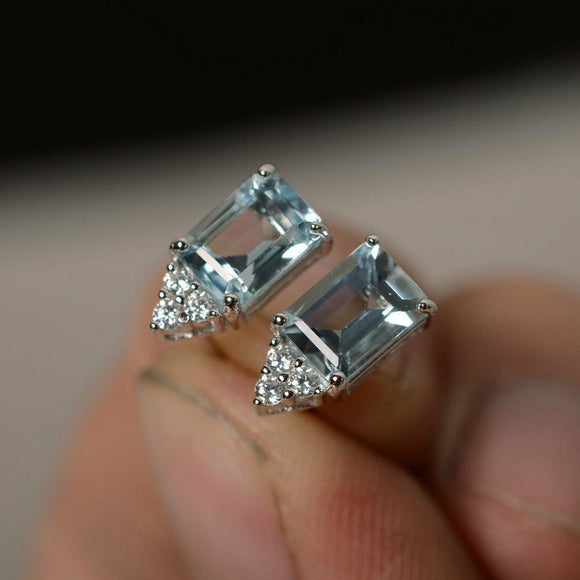 2ct Emerald Cut Blue Aquamarine Diamond Elegant Stud Earrings 14k WhiteGold Over