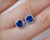 2ct Stud Earrings Cushion Cut Sapphire Diamond Halo Design 14k White Gold Finish