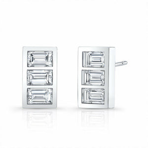 2Ct Baguette Diamond Vertical Brick 3 Stone Stud Earrings 14K White Gold Finish