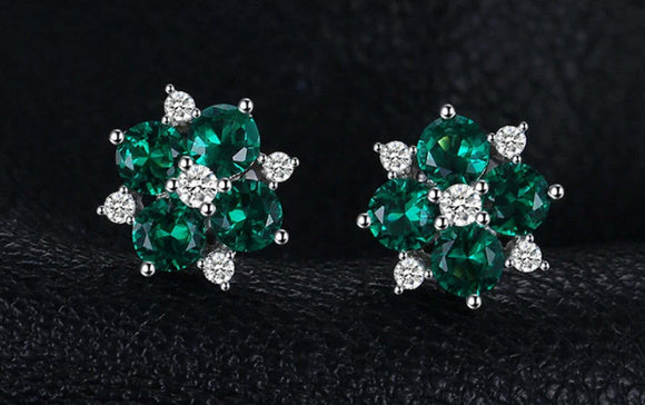 2.5ct Stud Earrings Round Cut Green Emerald Floral Cluster 14k White Gold Finish