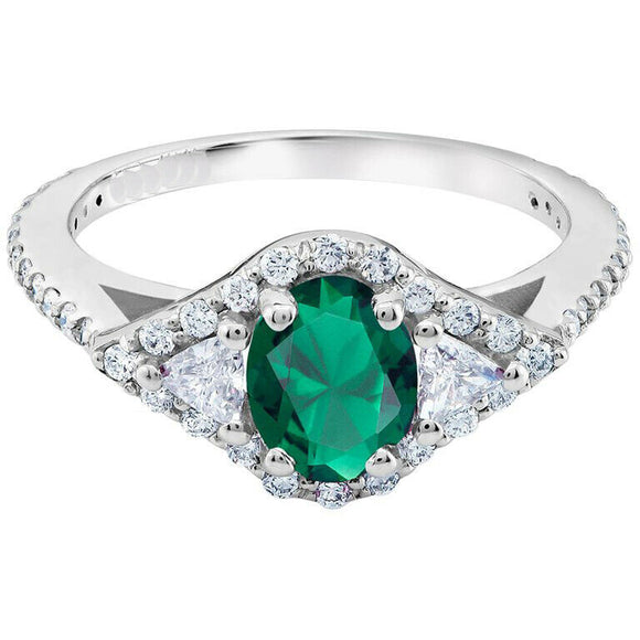 2ct Oval Cut Green Emerald Trillion Accents Trilogy Ring 14k White Gold Finish