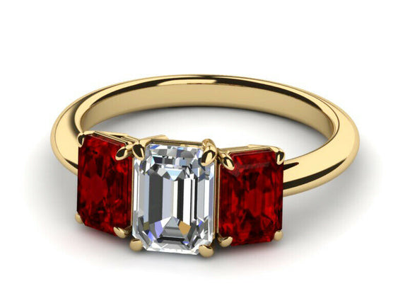 2ct Emerald Cut Diamond Garnet Sides 3Stone Engagement Ring 14k Yellow Gold Over