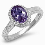 2ct Oval Purple Amethyst Engagement Ring Diamond Halo Vintage 14k WhiteGold Over