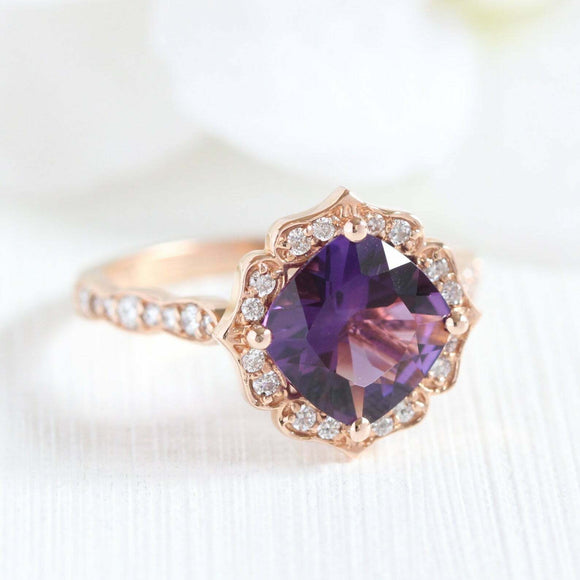 2ct Cushion Cut Purple Amethyst Engagement Ring Vintage Floral 14k RoseGold Over