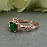 1ct Heart Cut Green Emerald Claddagh Design Engagement Ring 14k Rose Gold Finish