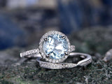 1.7Ct Round Cut Blue Aquamarine Bridal Set Engagement Ring 14K White Gold Finish