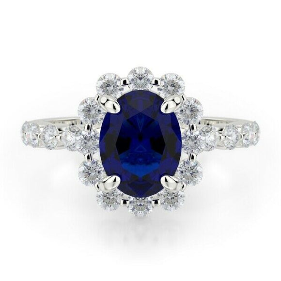 2.5ct Oval Cut Blue Sapphire Engagement Ring Diamond Floral 14k WhiteGold Finish