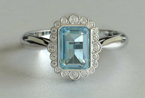 2.3ct Emerald Cut Blue Aquamarine Engagement Ring Halo 14k White Gold Finish