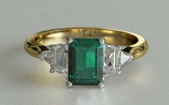 2ct Green Emerald Cut Engagement Ring Five Stone Solitaire 14k YellowGold Finish