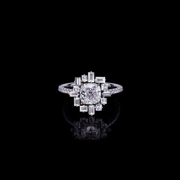 2ct Cushion Diamond Baguette Halo Art Deco Engagement Ring 14k White Gold Finish