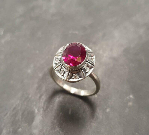 2ct Engagement Ring Oval Cut Pink Ruby Vintage Inspired Halo 14k White Gold Over