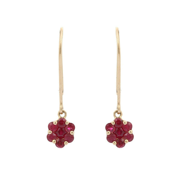 2ct Drop Earrings Round Cut Pink Ruby Floral 14k Yellow Gold Finish